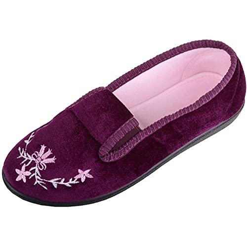 Image of ABSOLUTE FOOTWEAR Womens Slip On Velour Twin Gusset Winter Floral Slipper, Heather, UK 6 / EU 39