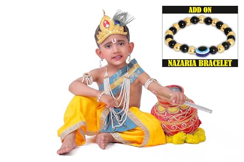 Image of Krishna Dress for Kids, Baby Krishna Dress for Janmashtami with Krishna Mukut, Peacock Feather & Flute Embroidered Krishna Costume for Girl & Boy, 3 Months-8 Years