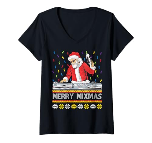 Damen Merry Mixmas Lustige Weihnachten DJ Santa Music Party Ugly T-Shirt mit V-Ausschnitt
