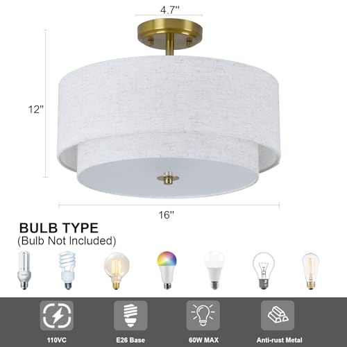 Kirahee 3-MCG 3-Light Semi Flush Mount Ceiling Light Fixture, 16 Inch Gold Drum Light Fixture, Modern Close To Ceiling Light With 2-Laye Fabric Shade Lamps For Bedroom Living Dining Room Hallway Entryway Foyer thumb #3
