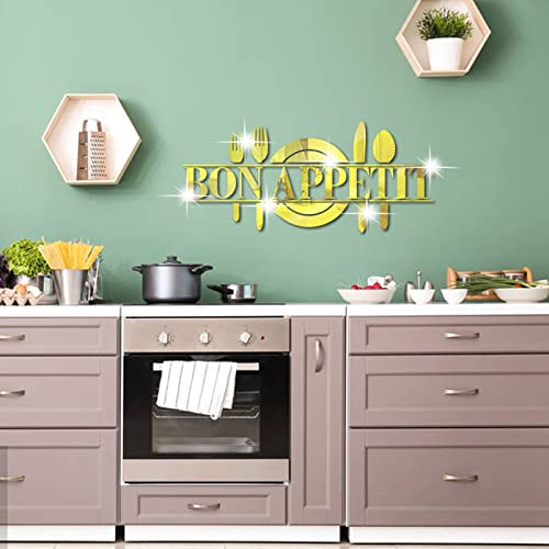 INCAUCA Bon Appetit 3D Acrylic Mirror Wall Decals Kitchen, Spoon Fork Knife Mirror Wall Stickers, Removable Kitchen Wall Sign Wall Decor for Dining Room Table Cafe DIY Art Decoration (Gold) - Image 2