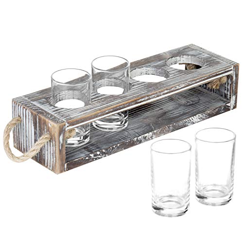 Mygift Craft Beer Glass Sampler Set With Torched Wood Tray Serving Board And Decorative Rope Handles Includes 4 Beer Glass (5 Oz) #TOP1