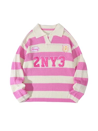 Men's Striped Crochet Knit Tops Letter Graphic Hollow Out Collar V Neck Baggy Knitted Jumper Pullover Tops