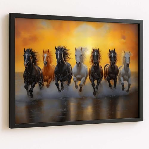 Image of HOTHOUSE Seven Running Vastu Lucky Horse | 7 Horses Vastu Frame Wall Art Painting for Living Room Bedroom Office Home Decor Rising Sun Painting Wall Decor Size (10X13 inch)