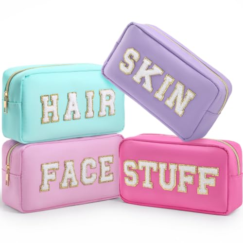 Cunno Preppy Makeup Bags Chenille Letter Stuff Bag Nylon Cosmetic Pouch Cases with Zipper for Women Travel Toiletry(Macaron Colors,Classic,4 Pcs)