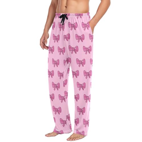 Men's Cute Pink Bows Pajama Pants with Pockets - Straight Fit Cotton Sleep Bottoms for Lounge & Nightwear#5744