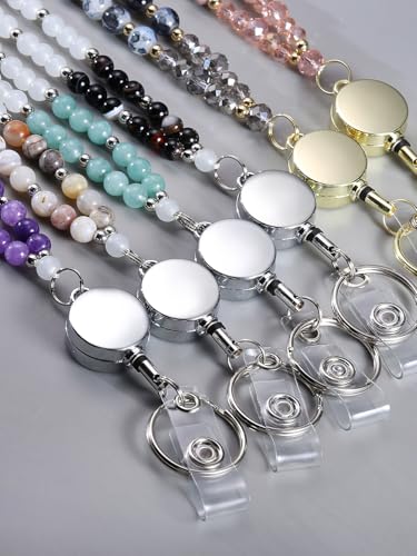 COTATI Teacher Lanyard for Id Badges and Keys,Retractable Beaded Cute Lanyards for Women Card Badge Holder (Silver-Rose red)