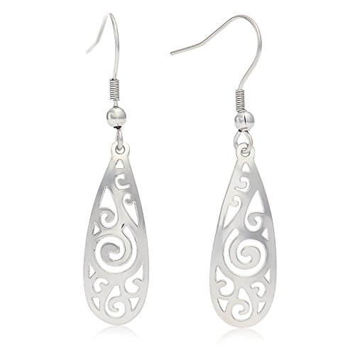 Stainless Steel Filigree Swirl Teardrop Earrings, With Fishhook Backing, For Pierced Ears, Great for Sensitive Ears, By Regetta Jewelry