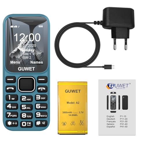 Guwet A2 2G Mobile Seniorenhandy ohne Vertrag, Großkapazitätsakku, Lange Standby-Zeit, Rentner Handy große Tasten, Dual SIM mit Notruftaste, Blau