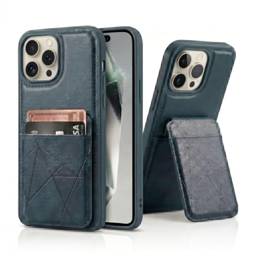 Image of amazon basics Premium Vegan Leather Back Cover with Card Holder and Integrated Mobile Stand for iPhone 15 Pro - Slim Shockproof Wallet Case with Geometric Stitching [Blue]