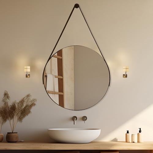 Espelho Redondo 60cm Adnet com Alça de Couro Decoração Moderna para Banheiro Sala ou Quarto (Caramelo)
