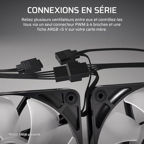 CORSAIR RS120-R ARGB 120mm PWM +5 ARGB Inversée Ventilateurs – Inversé Rotor, Huit RGB LEDs, Haute Pression Statique, Connecteurs en Série, Roulement à Dôme Magnétique – Pack Triple – Noir
