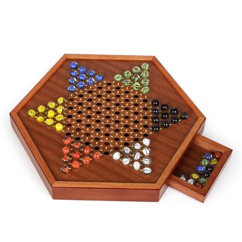 15-Inch Wooden Chinese Checkers Board Game Set – Classic Strategy Game with 72 Glass Marbles, Dual-Sided Storage Drawer, Family Board Games for...