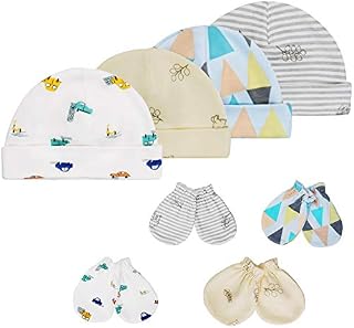 HBselect Cotton Caps Mittens for Newborn Baby Boy Girl Unisex, 4Pcs Infant Beanie Hats and 4 Pairs Anti Scratch Mittens Gloves with Wrist Cuffs (0-6 Months)