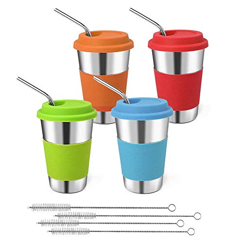 GLUBEE inoxidable Tazas acero con Pajitas, 450 ml Travel Mug con Tapa, Taza de acero inoxidable para beber para café, té y cerveza (4 pcs)