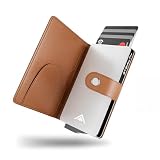 Stealth Wallet RFID Portfel na Karty - Smart Minimalistyczne Pop Up Portfele - Smukłe Lekkie Metalowe Uchwyty na Karty Kredytowe (Srebrny Aluminium, Skóra Tan, Klips na Pieniądze)