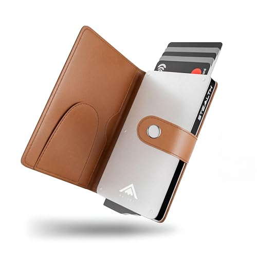 Stealth Wallet RFID Portfel na Karty - Smart Minimalistyczne Pop Up Portfele - Smukłe Lekkie Metalowe Uchwyty na Karty Kredytowe (Srebrny Aluminium, Skóra Tan, Klips na Pieniądze)