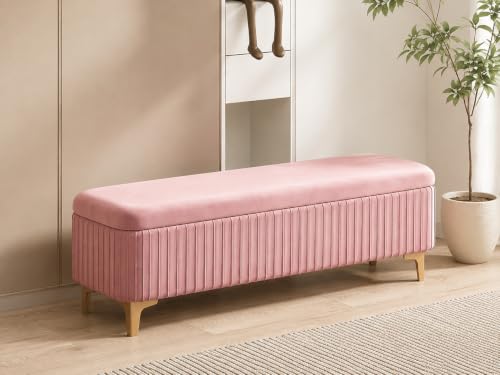 Image of LEGACY OF COMFORT Qwen Velvet Upholstered Flip Top Storage Bench 2 Seater Sofa Upholstered Ottoman Bench with Storage for Living Room, Bedroom (Pink)
