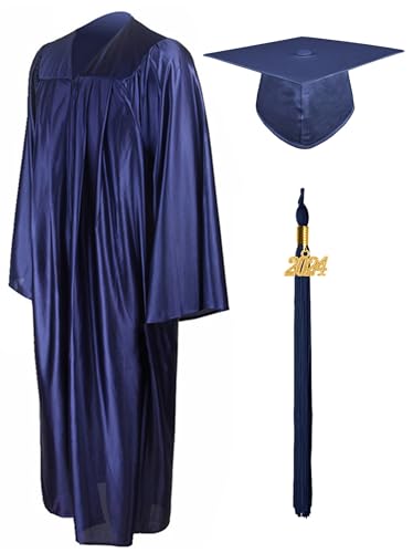 GraduationMall Shiny Graduation Gown Cap Tassel Set 2024 For High School Navy Blue 51(5'6"-5'8")