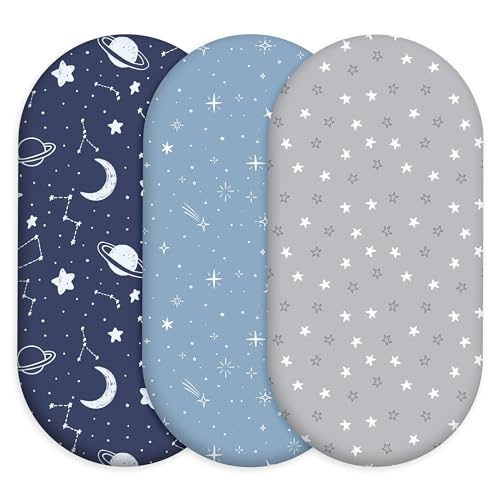Image of Baby Bassinet Sheets 3 Pack, Fitted Cradle Sheets for Boys & Girls, Ultra Soft Breathable 32 inch x 16 inch, Universal Fit for Rectangle Round Oval Hourglass Mattress (Blue Gray Planet)