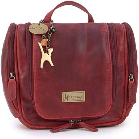 CATWALK COLLECTION HANDBAGS - Ladies Leather Hanging Travel Wash Bag - Cosmetic Make-up Organiser - Toiletry Overnight Bag - Maisie - Red