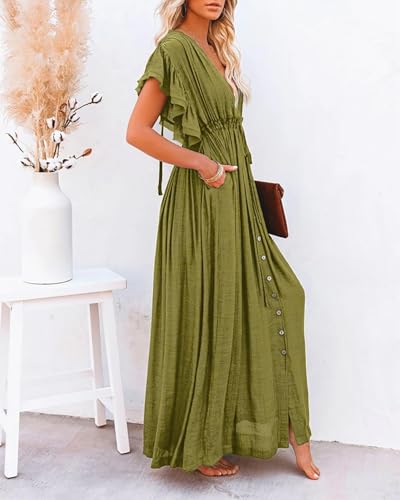 Image of R.Vivimos Maxi Dresses for Women 2026 Summer Short Sleeve V Neck Drawstring Tie Boho Loose Flowy Long Dresses with Pockets