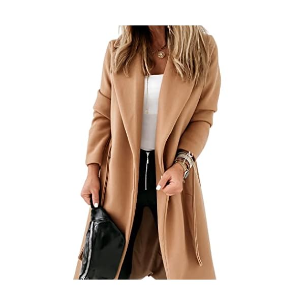 Womens Classic Coat Lapel Collar Open Front Belted Long Jacket