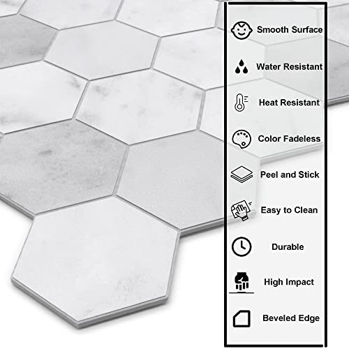 The Tiles Plaza Backsplash Tile For Kitchen Peel And Stick. White Hexagon Marble Self Adhesive Wall Tile. Stone Composite Stick On Decorative Mosaic Tile For Bathroom, Fireplace, 10 Sheets, 9 Sq Ft. #TOP1