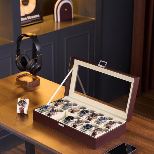 Image of ProCase Watch Box Organizer, 14 Slot Watch Display Case With Glass Lid, Watch Storage Holder Mens Watch Case, Anniversary Birthday Valentine Gifts for Men Women -14 Slot, Espresso&Beige