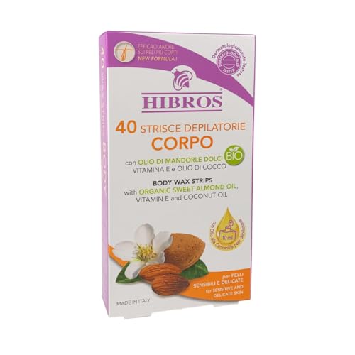 HIBROS 40 tiras depilatorias piernas brazos axilas Zona del bikini eliminación del pelo con vitamina E, aceite de almendra, aceite de coco, bolsa posterior depilación detergente manzanilla