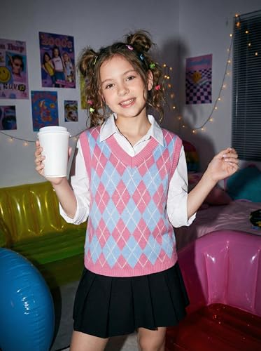 Image of SELINK Boys Girls V Neck Argyle Knit School Uniform Sweater Vest | Soft Cotton Polyester Blend Knitted Vest,Stockinette Stitch,Hand Wash Only For School Uniform Daily Wear