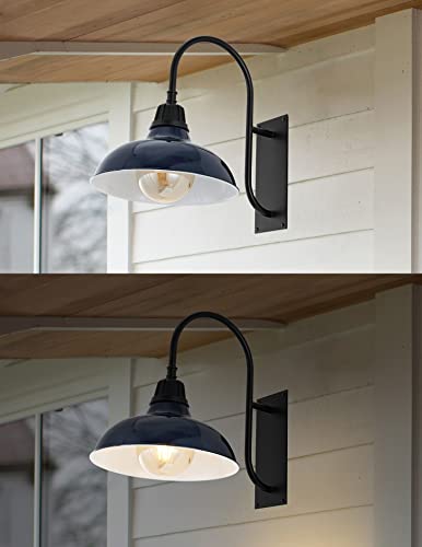 Image of JONATHAN Y 12.25 inch Navy /Black 1-Light Farmhouse Gooseneck Outdoor Wall Sconce Lamp, with Black Metal Bowl Shade, Industrial Iron LED Porch Light for Patio Garage Entryway (JYL7614C)