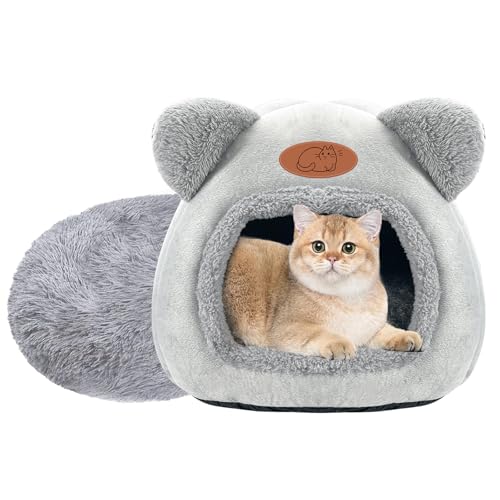 Cat Bed for Indoor Cats, Cat Cave kitten bed Igloo, Kitten Tent House with Removable Washable Pillow Cushion, Warming Fluffy, Foldable Portable Pet Bed Ideal for Cats and Puppy (Grey)