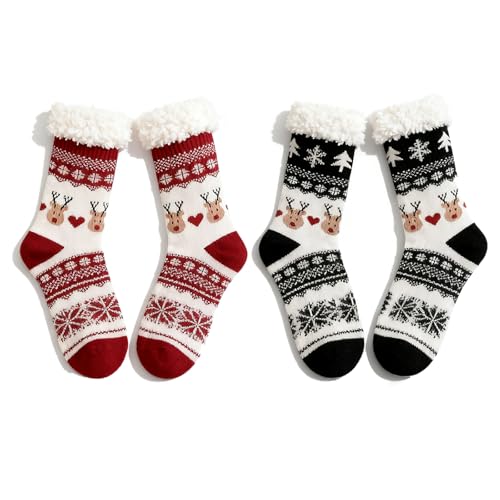 ZoneYan Chaussette de Hiver Chaudes, 2 Paires Chausson Chaussette Femme, Chaussett-e de Noël Antidérapantes, Hiver Chausset-tes Thermiques Polaire Pilou Épaisses