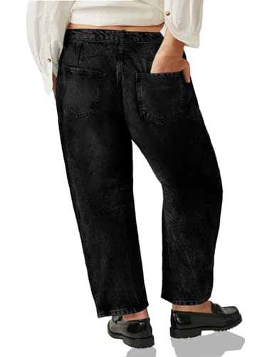 Beautife Womens Plus Size Barrel Jeans Baggy Boyfriend Mid Rise Wide Leg Cropped Ankle Horseshoe Denim Pants4