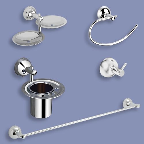 Image of USF Bath Accessories 304 Stainless Steel Combo Bathroom Accessories Set (24 inchTowel Rod, Double Soap Dish,Tumbler Holder,Napkin Ring,Towel Robe Hook) Accessories- (Torin- 5 Piece Combo Set,Chrome)