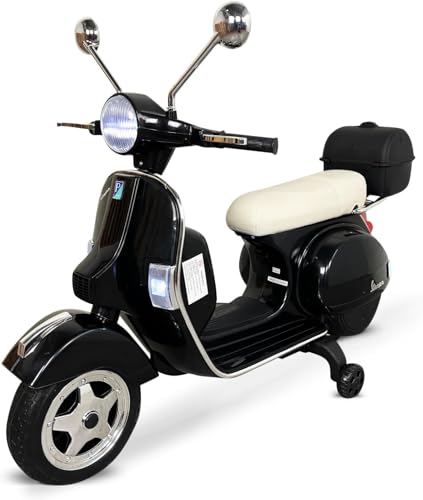 BABYCOCHES - Moto electrica para niños 12V Vespa Clásica Piaggio PX-150 12 voltios. Moto a bateria para niños. Moto Vespa niños. Incluido Maletin Trasero. Doble Velocidad Normal/Rápida. (Negro)