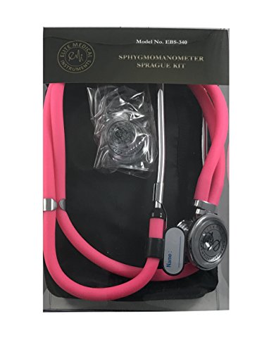 Image of EMI Pink Sprague Rappaport Stethoscope with Black Aneroid Sphygmomanometer Blood Pressure Cuff Medical Nurse Set #340
