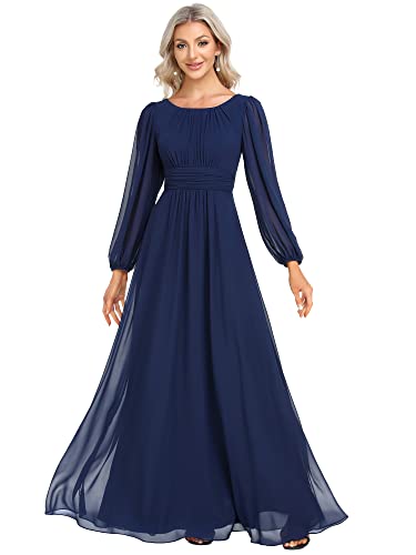 Ever-Pretty Women's Crewneck Long Lantern Sleeves Floor Length A-Line Pleated Chiffon Formal Dress Navy Blue US14
