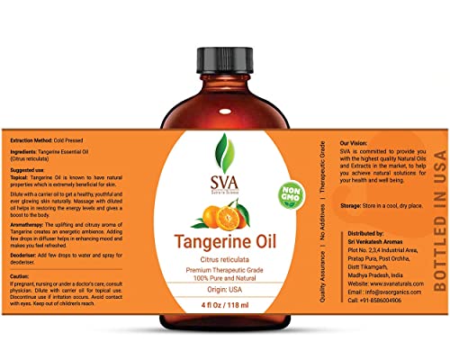 Sva Organics Tangerine Essential Oil 4 Oz- 100% Pure, Natural, Premium Therapeutic Grade, Undiluted- Perfect For Youthful Skin, Shiny Hair, Aromatherapy, Diffuser, Healthy Nails, Bath Products #TOP2