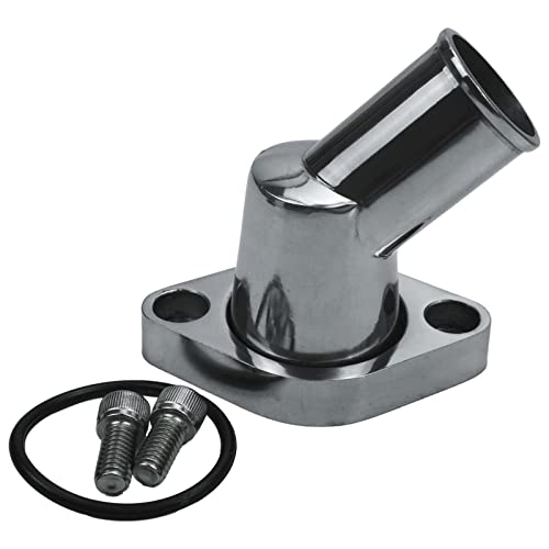 Carcasa de termostato de cuello de agua de aluminio cromado compatible con motores SBC BBC CHEVY 327 350 396 454 45 ° giratorio Chevy cuello de agua pulido plateado