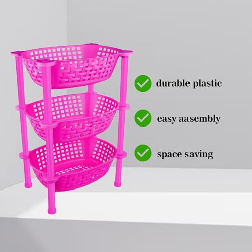 Image of Sulfar Multipurpose Plastic Trolley with Dish Rack for Kitchen Vegetable Storage Basket Modern Organizer - 3 Layer Stackable Shelf Cart Food, Snacks, Bottles, Toys, Tiered Shelf (Pink)