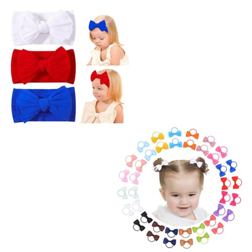 jollybows 3PCS Headbands Soft Nylon+40PCS 2 Inches Hair Bows Ties Mini Boutique Elastic Hair Rubber Ribbon Hair Band Accessories for Kids Toddlers Infants