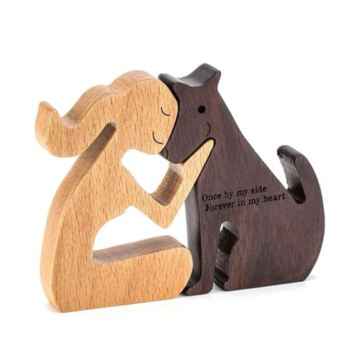 Holzfiguren,Familie Welpe Holz Schnitzerei Ornamente,Katzen Deko,Natürliches Massivholz Niedlich Welpen,Pferd,Kätzchen und Menschen Statue Skulptur,Hand Geschnitzte Home Decor (Mädchen und Hund)