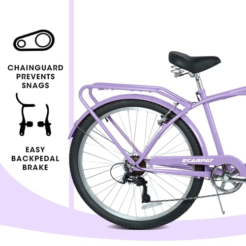 YHUBHSIS 26 inch Commuter Bicycle for Adult Men and Women, Beach Cruiser Bike, Comfortable City Bikes, 7-Speed Drivetrain in Retro-Styled Steel Step Through or Step-Over Frame, Ergonomic (Purple)