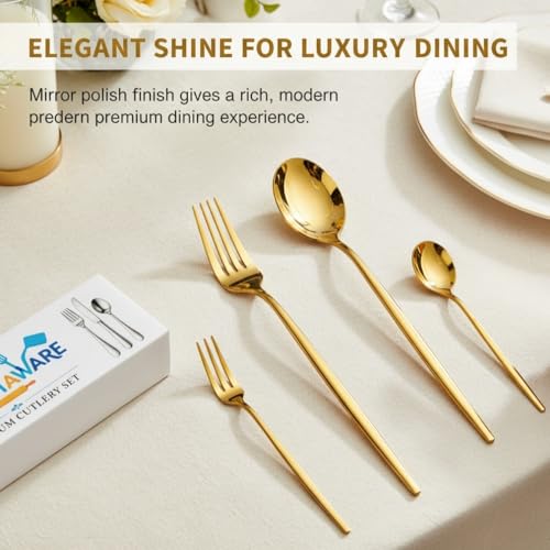 Image of Classic Gold 4 Pcs Stainless Steel Cutlery Set for Dining Table, Dishwasher Safe Glossy Flatware (Perfect Spoon Fork Set)