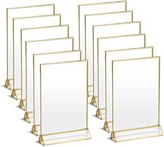 UNIQOOO Acrylic Sign Holders with Golden Border, Portrait View, Pack of 12 | 4x6 Double Sided Clear Frame