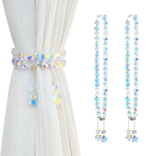 Magnetic Curtain Tiebacks,Crystal Beads Rope Drapery Holdbacks Holder for Small,Thin or Sheer Window Draperies,15 Inch Long,2 Pack (Flower)