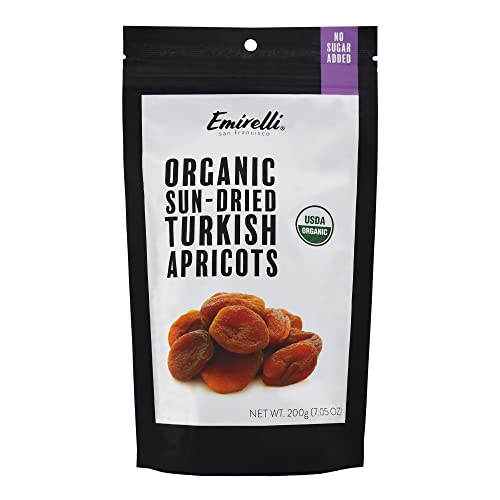 Emirelli Organic Turkish Dried Apricots, Non GMO Vegan Sun-Dried Snacks, No Sugar Added, Packed in Natural Resealable Pouch, Healthy and Rich Nutritional Values, Net 7.05 Ounce