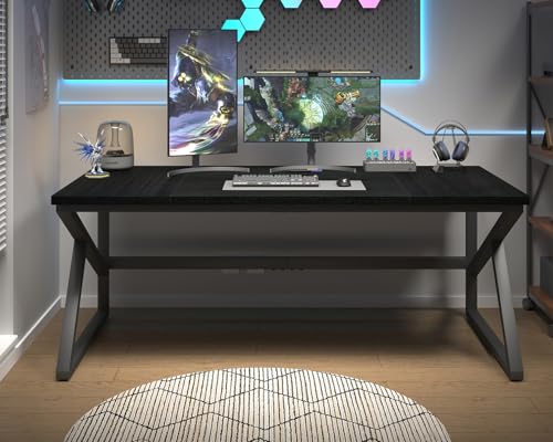 Image of HSH 70 Inch Long Black Desk, Large Metal Wood Computer Desk for 2 Monitors, Modern Home Office PC Laptop Desk for 2 People Executive Writing Work Study Gaming, Simple Bedroom Living Room Black Table